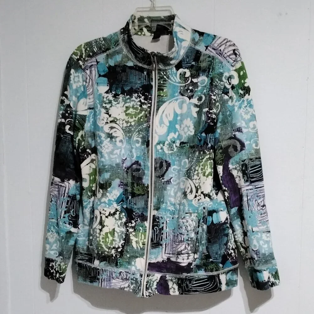 Additions by Chico's Funky Floral Abstract multi-color Zip Light Jacket Size 2 - Picture 6 of 16